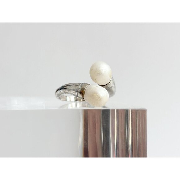 Wrap Around Bypass Shank Dual Faux Pearl Vintage Sterling Silver Ring - sz 9.5 - Picture 2 of 10